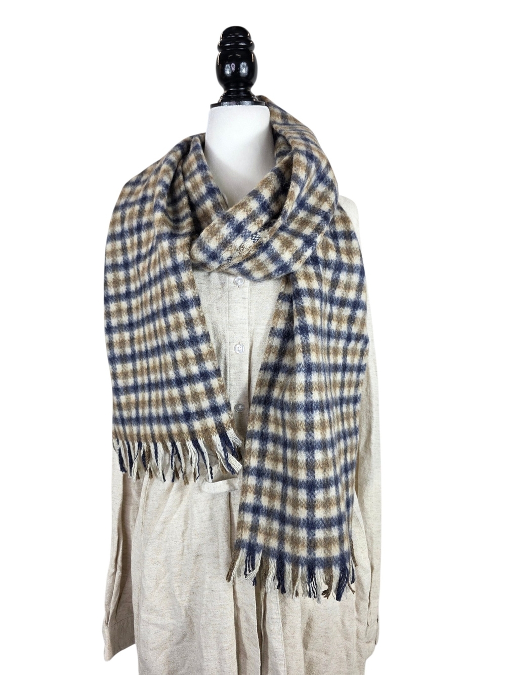 Aquascutum London Wool Plaid Fringe Scarf in Navy, Camel & Cream